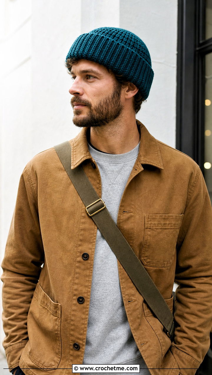 Fisherman Crochet Beanie With Workwear Jacket - 25 crochet hat ideas for men