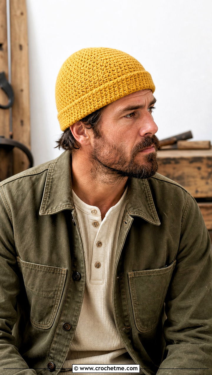 Fisherman Crochet Beanie With Workwear Jacket - 15 Easy Crochet Mens Hat outfit ideas