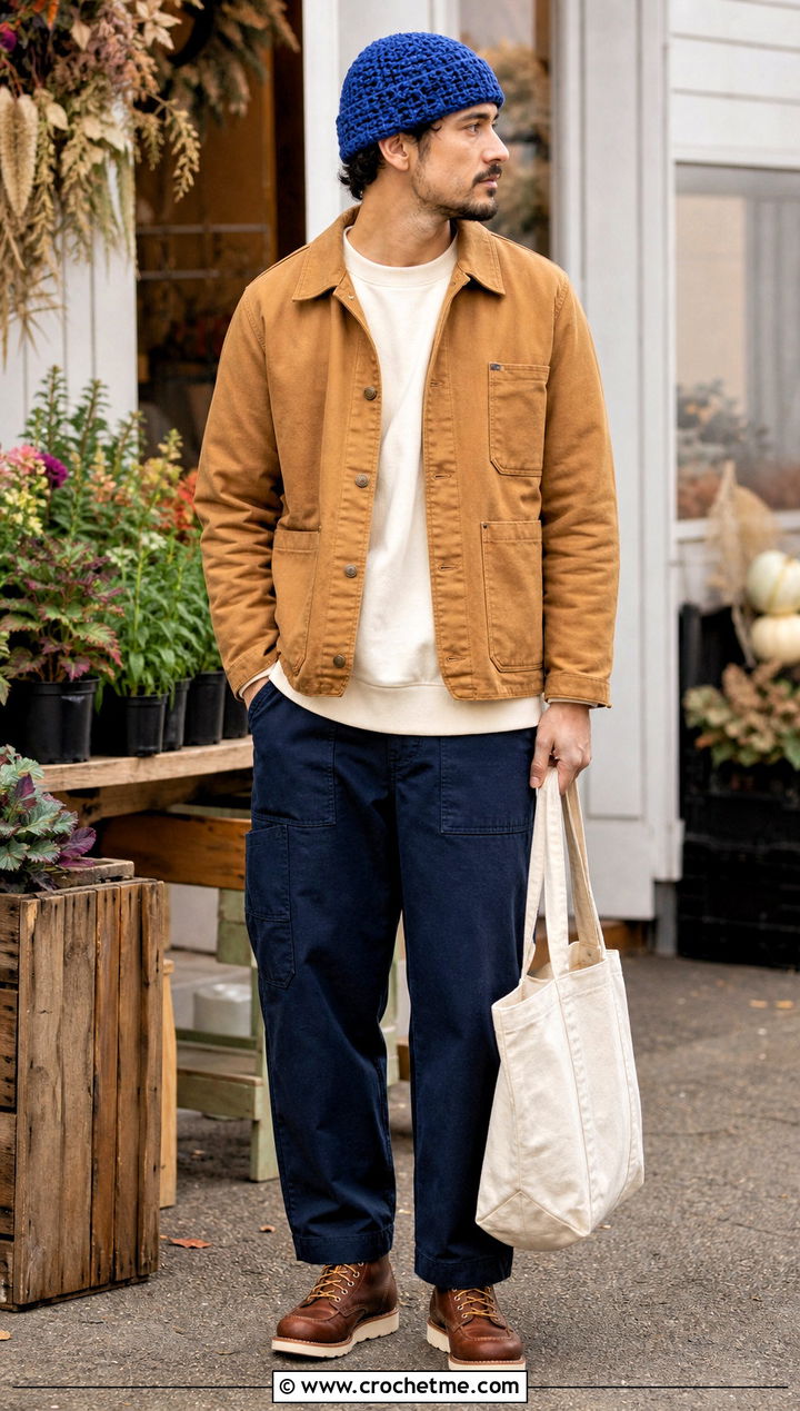 Fisherman Crochet Beanie With Workwear Jacket - 35 crochet hat for man outfit ideas