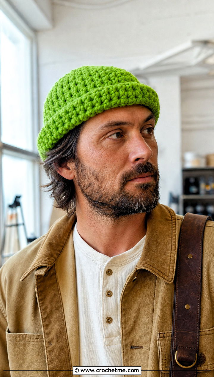 Fisherman Crochet Beanie With Workwear Outfit - 25 Unisex Crochet Hat outfit ideas