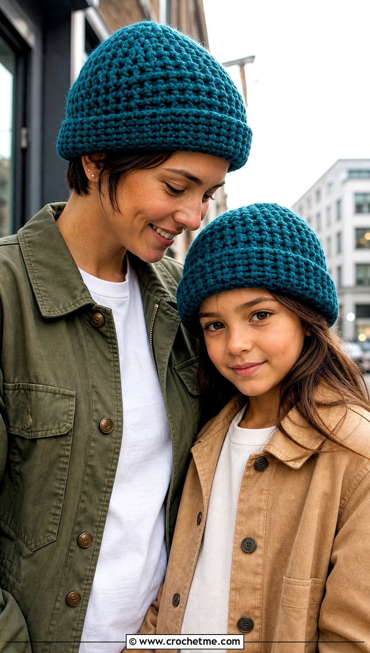 Fisherman Crochet Beanies With Utility Outfits - 20 Mother Daughter Crochet Hats outfit ideas