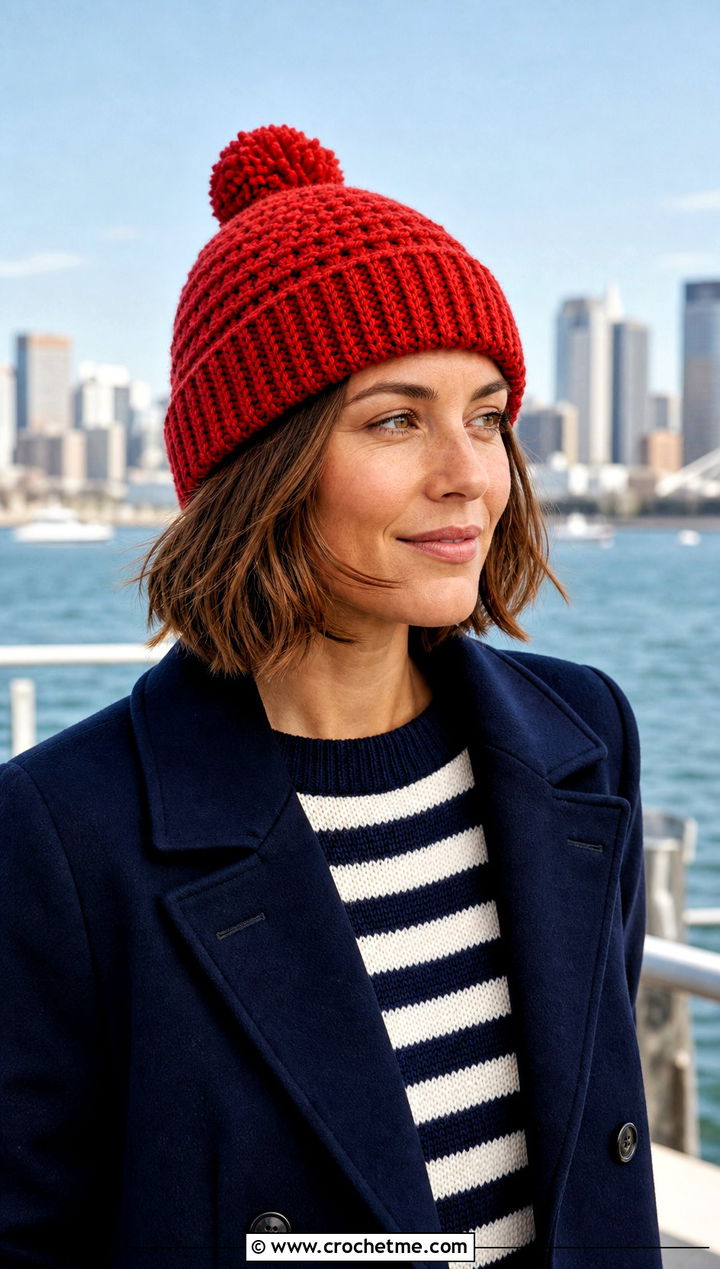Fisherman Crochet Bobble Beanie With Peacoat - 30 crochet bobble hat outfit ideas