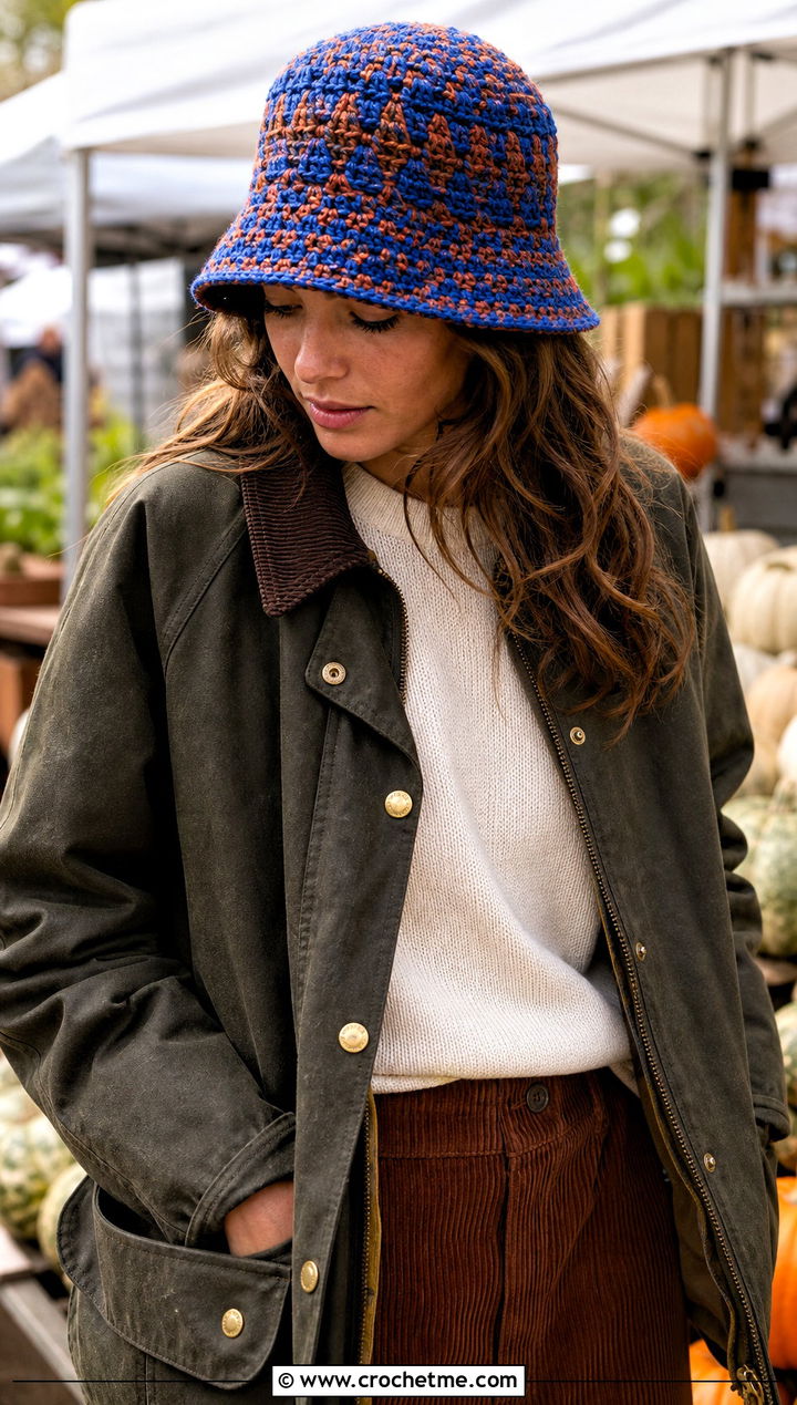 Fisherman Crochet Bucket Hat With Barn Jacket And Corduroy Pants - 25 Crochet Bucket Hat For Women outfit ideas