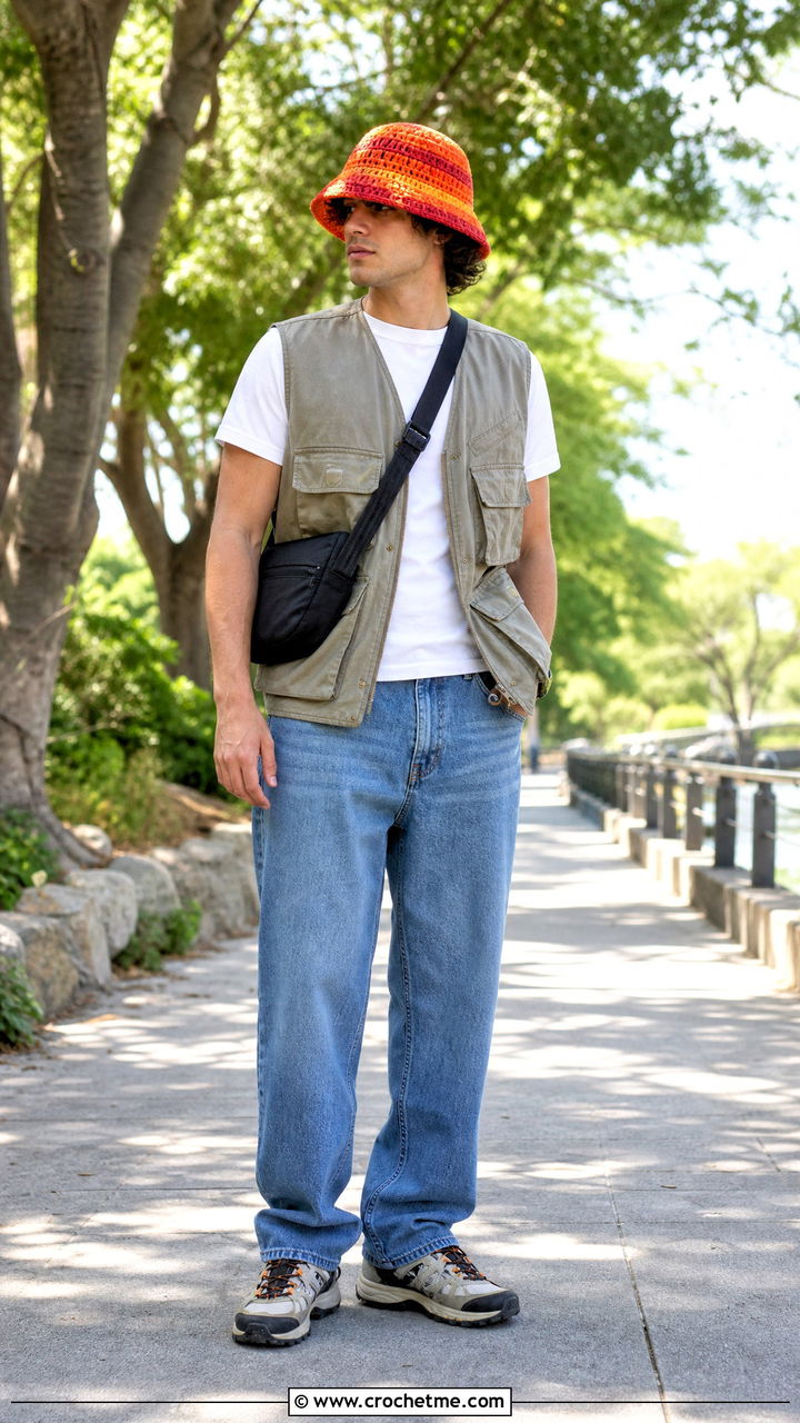 Fisherman Crochet Bucket Sun Hat With Utility Vest - 35 crochet sun hat outfit ideas