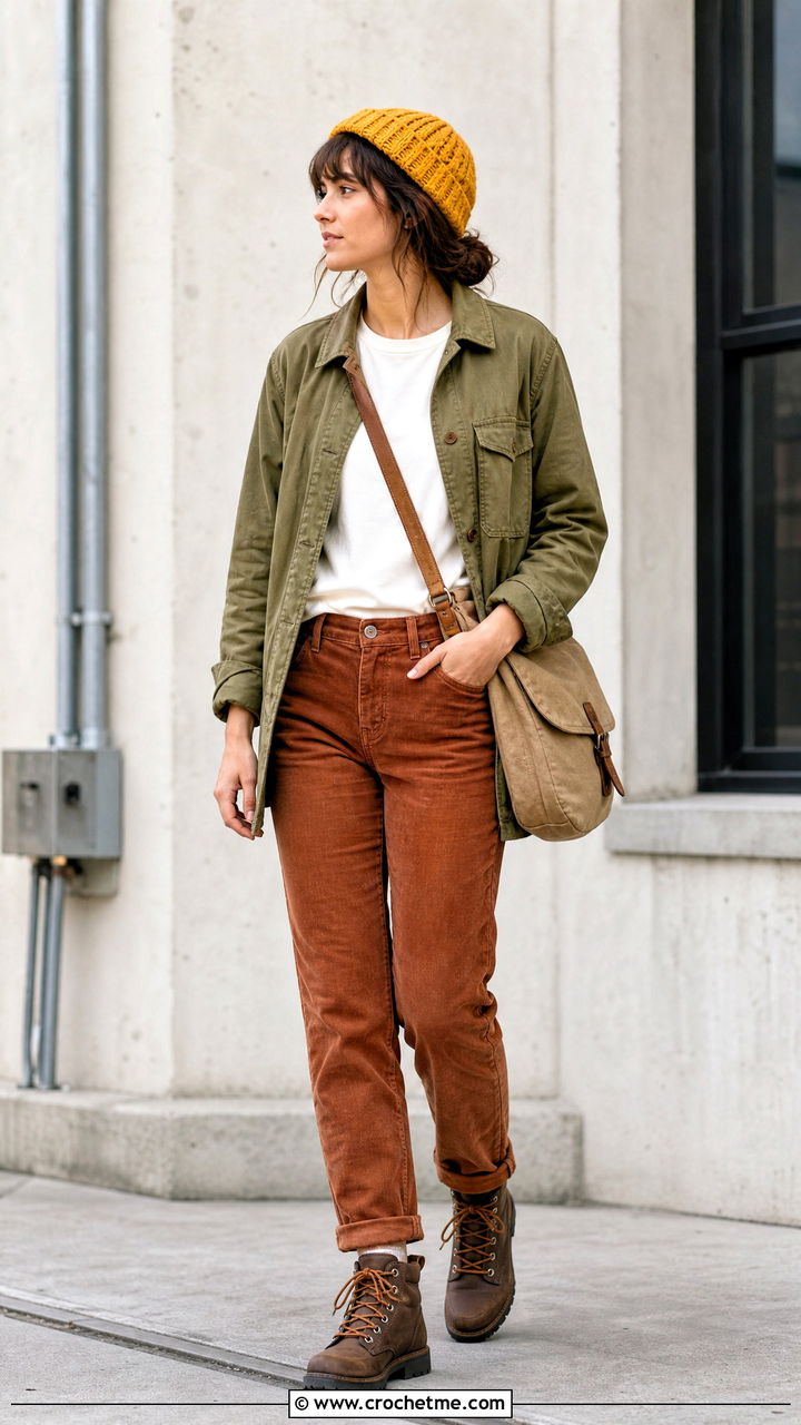 Fisherman Crochet Cable Beanie With Utility Jacket And Corduroy Pants - 35 crochet cable hat outfit ideas
