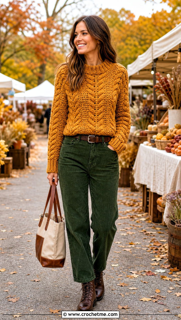 Fisherman Crochet Cable Sweater With Corduroy Pants - 25 Cable Knit Crochet Sweater outfit ideas