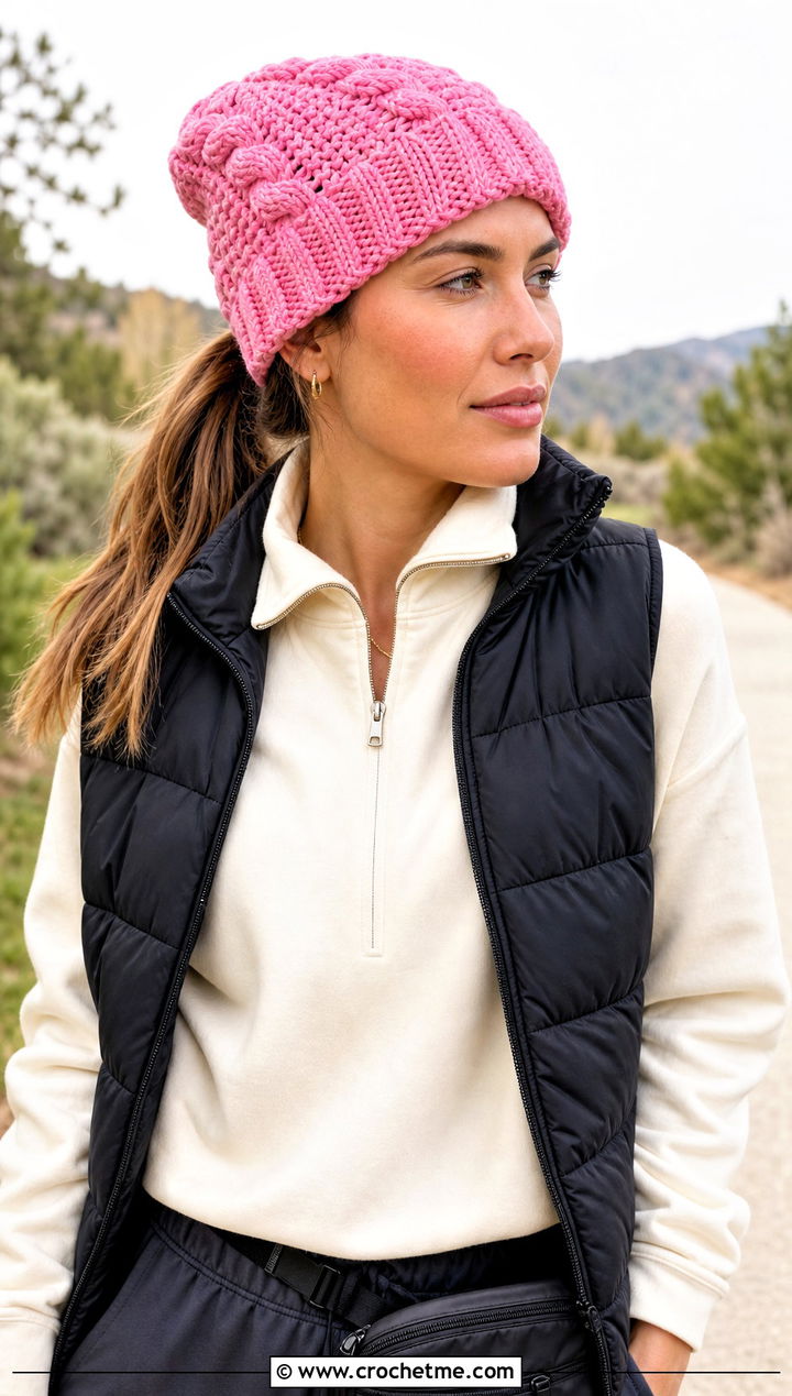 Fisherman Crochet Cable Twist Hat With Puffer Vest - 15 Crochet Cable Twist Hat outfit ideas