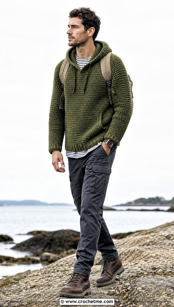 Fisherman Crochet Hoodie With Utility Pants - 30 crochet mens hoodie outfit ideas