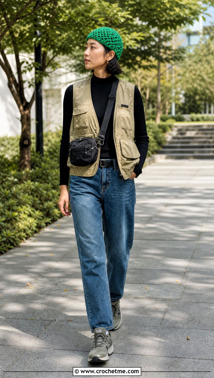 Fisherman Crochet Kufi Hat With Utility Vest - 35 crochet kufi hat outfit ideas