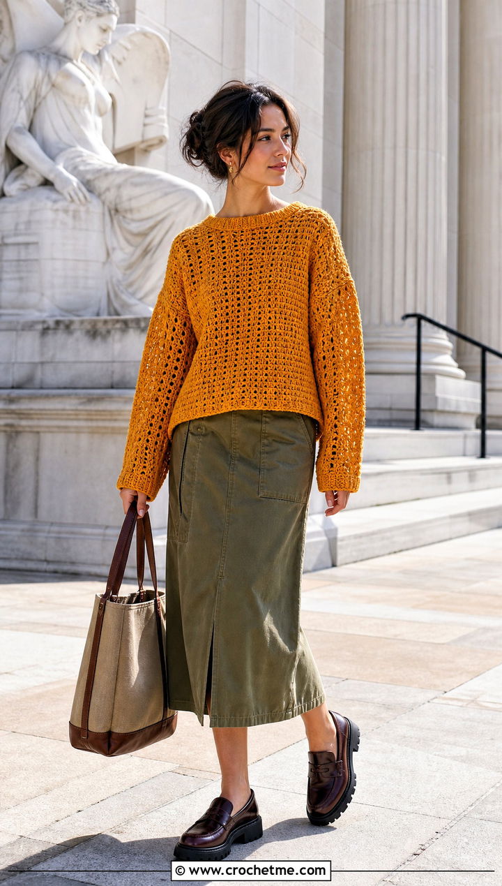Fisherman Crochet Loose Sweater With Utility Midi Skirt - 30 loose crochet sweater outfit ideas