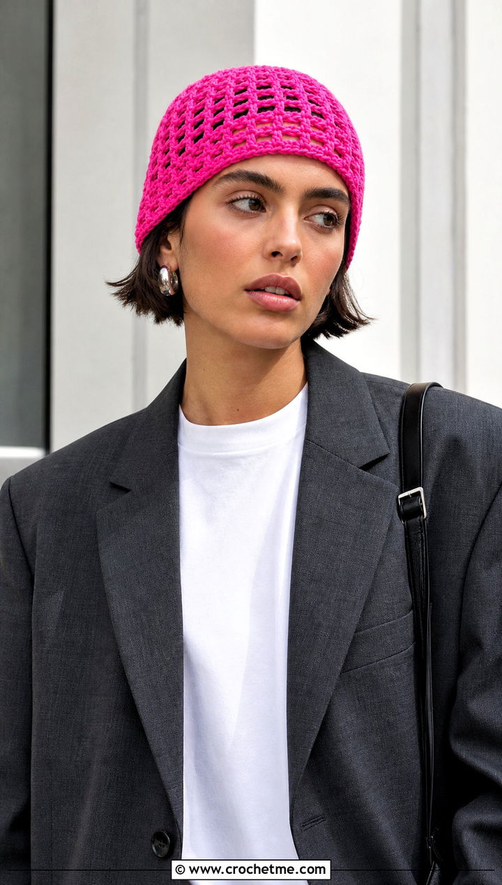 Fisherman Crochet Mesh Beanie With Blazer - 25 crochet mesh beanie outfit ideas