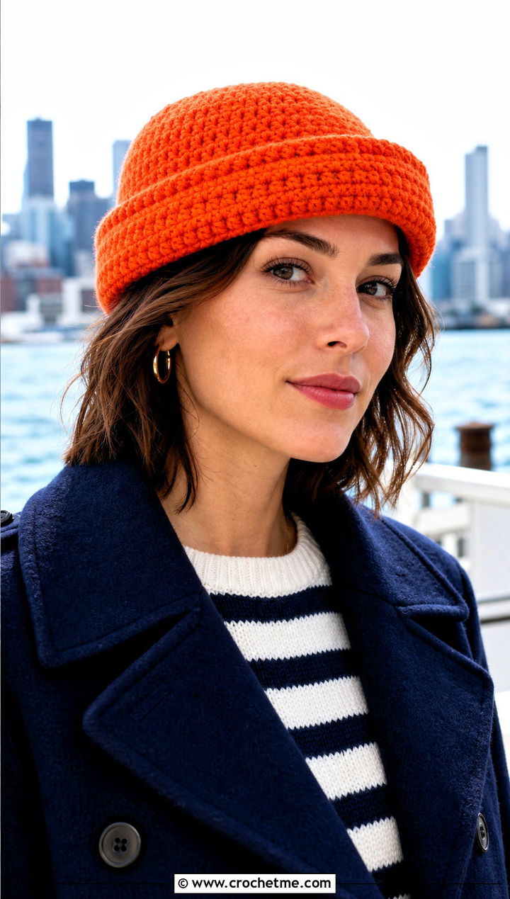 Fisherman Crochet Rectangle Hat With Peacoat - 25 Crochet Rectangle Hat outfit ideas