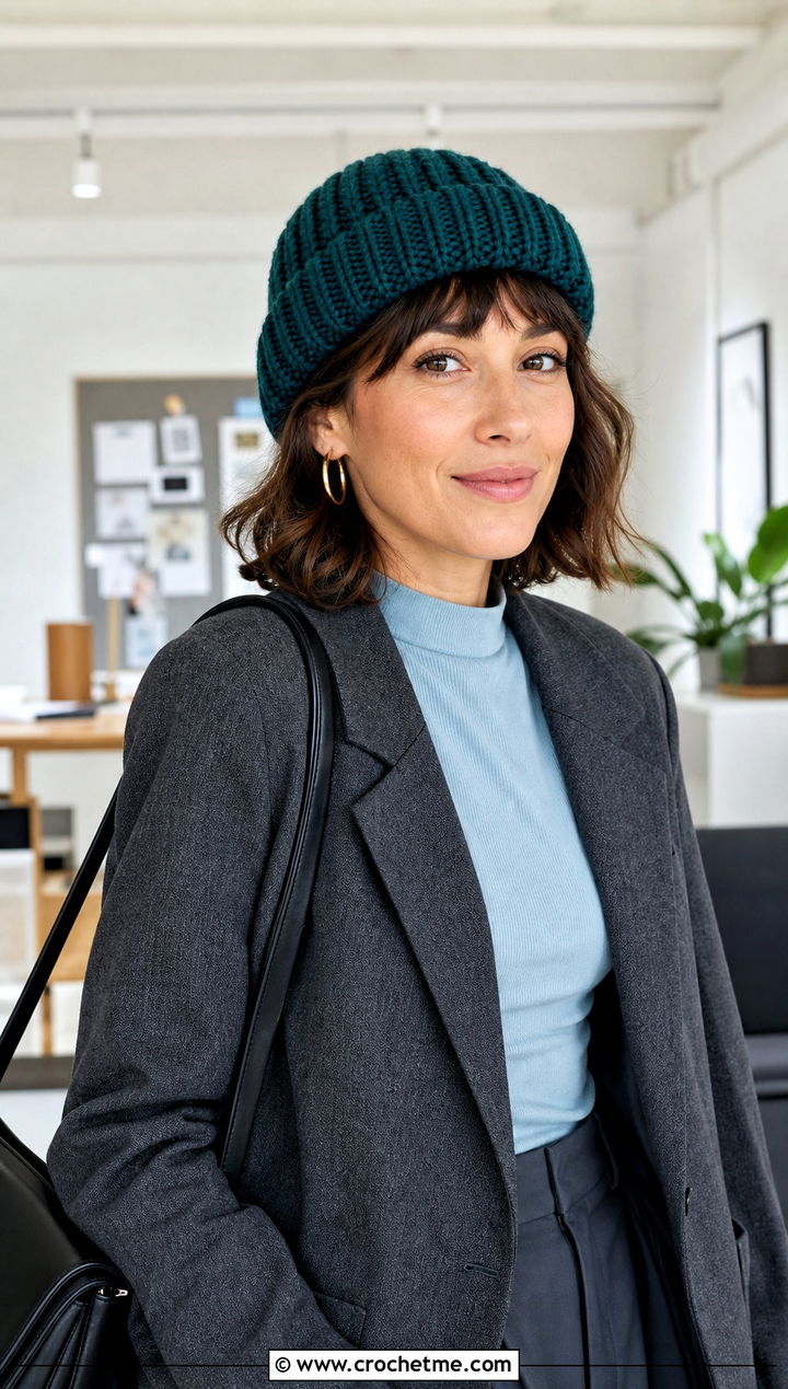 Fisherman Crochet Ribbed Beanie With Blazer And Trousers - 20 Easy Crochet Ribbed Hat outfit ideas