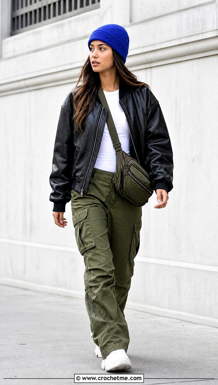 Fisherman Crochet Ribbed Beanie With Leather Bomber And Cargo Pants - 35 crochet ribbed beanie outfit ideas
