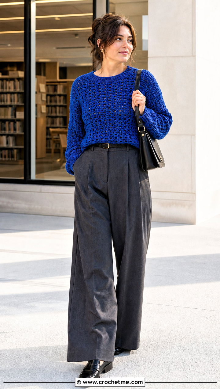 Fisherman Crochet Rory Gilmore Sweater With Pleated Trousers - 25 crochet rory gilmore sweater outfit ideas