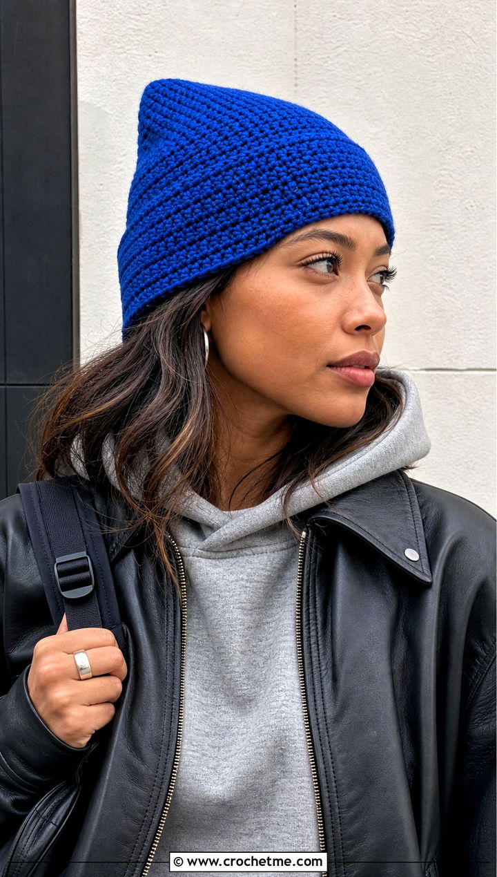 Fisherman Crochet Short Row Beanie With Leather Jacket - 20 Crochet Short Row Beanie outfit ideas