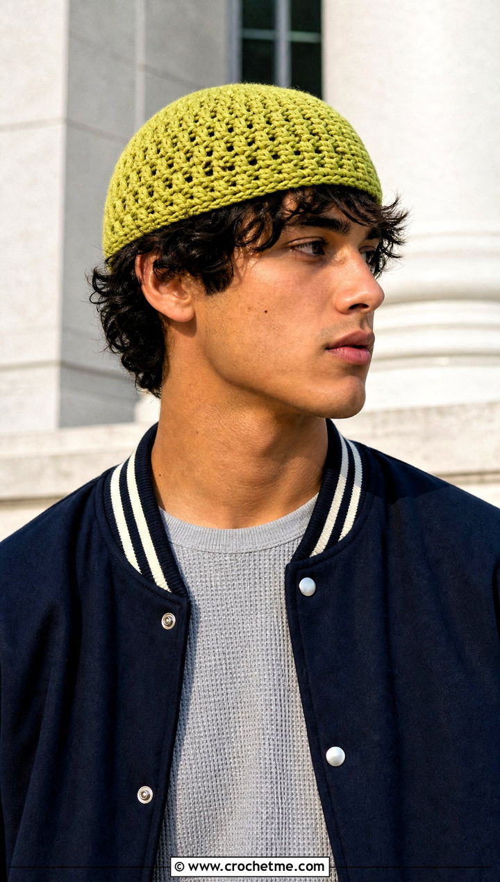 Fisherman Crochet Skull Cap With Varsity Jacket And Corduroy Pants - 25 Mens Crochet Skull Cap outfit ideas