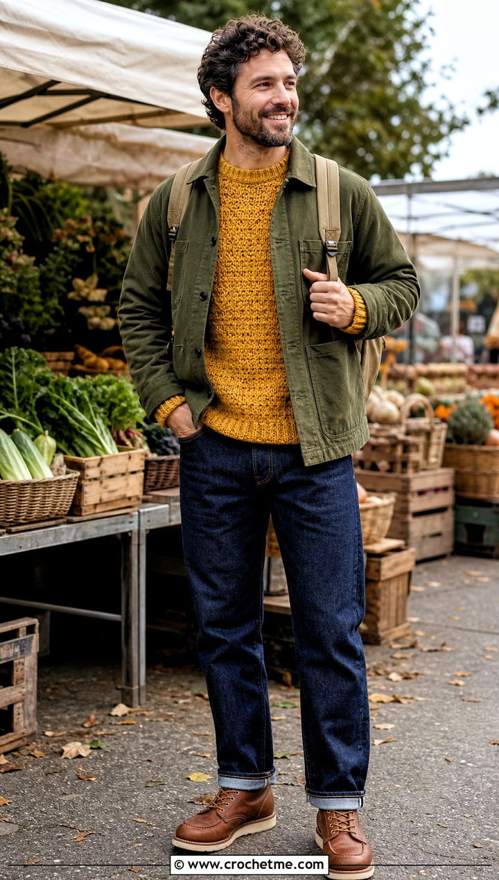 Fisherman Crochet Sweater With Chore Jacket - 35 crochet man sweaters outfit ideas