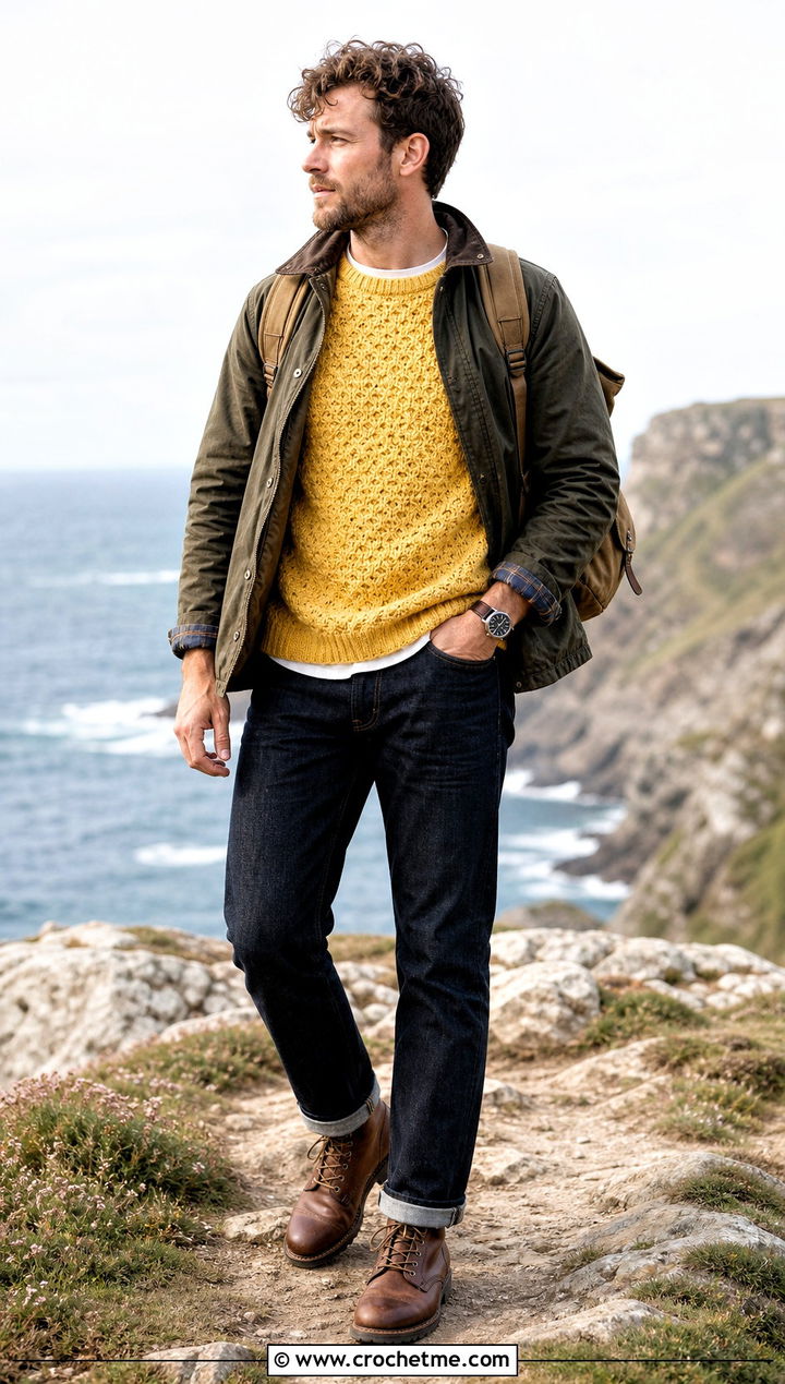 Fisherman Crochet Sweater With Selvedge Denim - 35 men's crochet sweater ideas