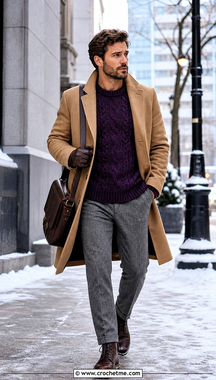 Fisherman Crochet Sweater With Wool Trousers And Boots - 30 crochet sweater for man outfit ideas
