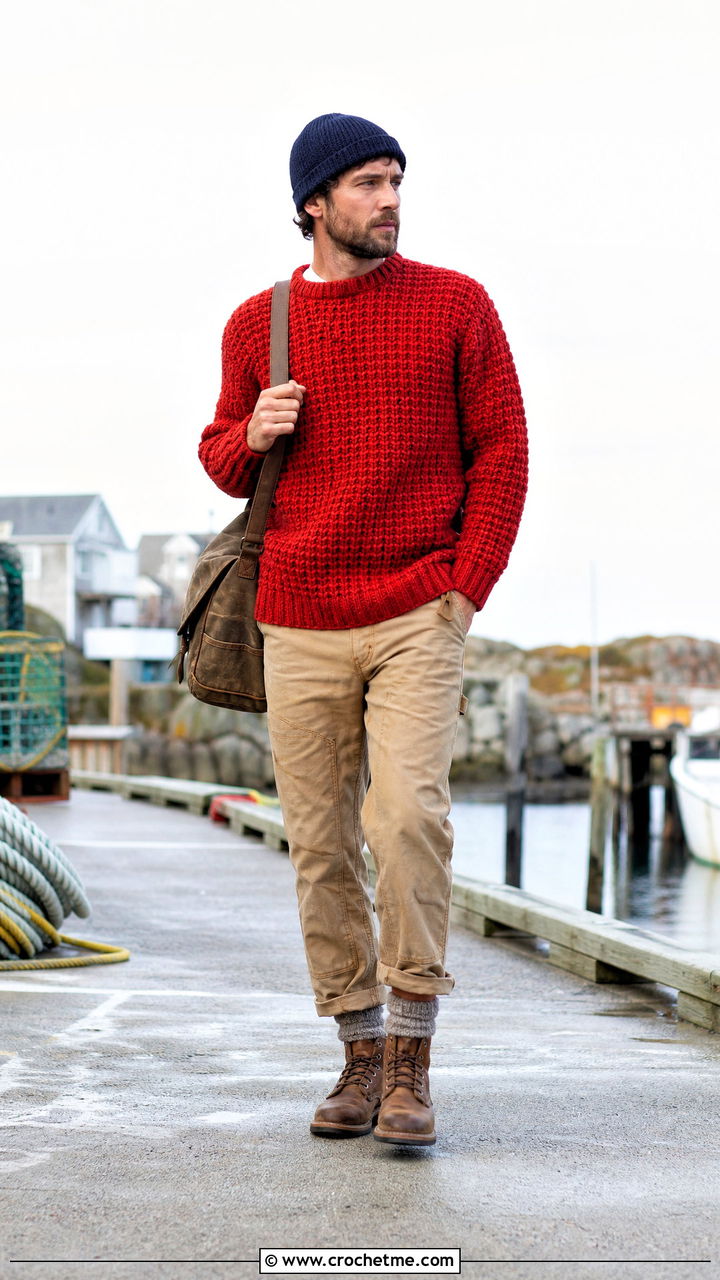 Fisherman Crochet Sweater With Workwear Pants - 35 crochet sweater for men outfit ideas
