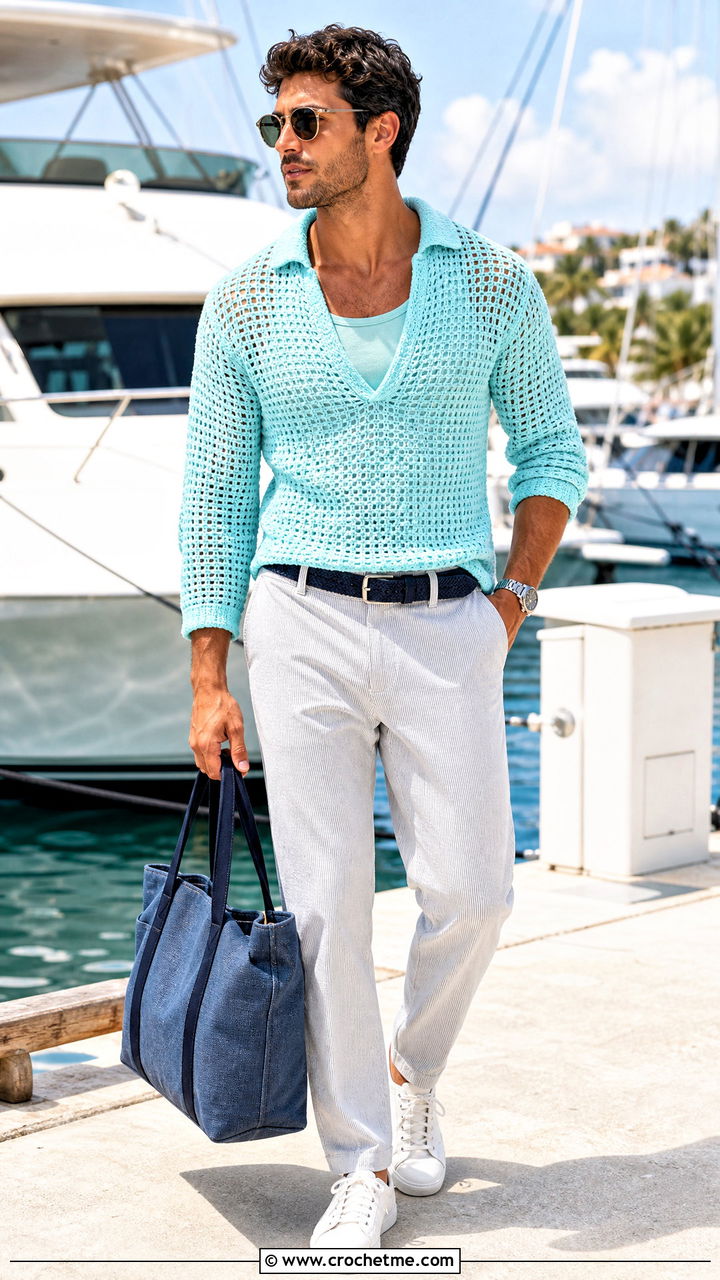 Fisherman Crochet Top With Seersucker Trousers - 35 crochet top men outfit ideas