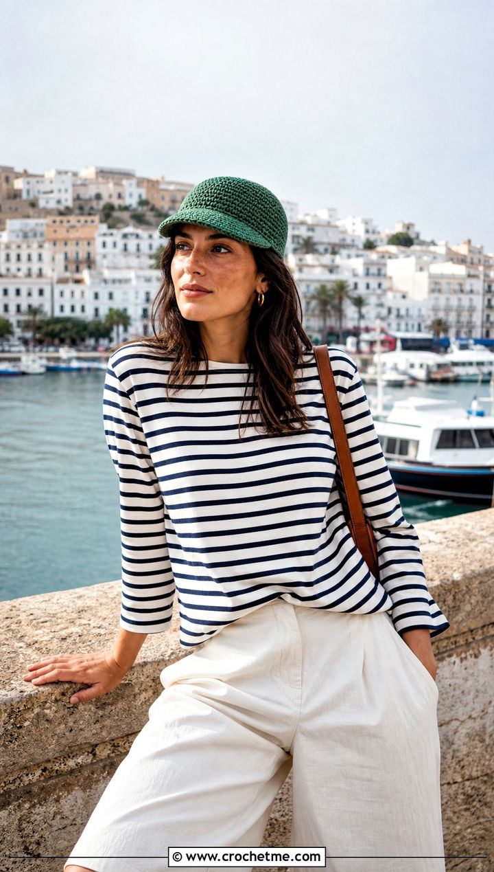 Fisherman Crochet Visor Cap With Striped Shirt And Culottes - 30 crochet visor hat outfit ideas