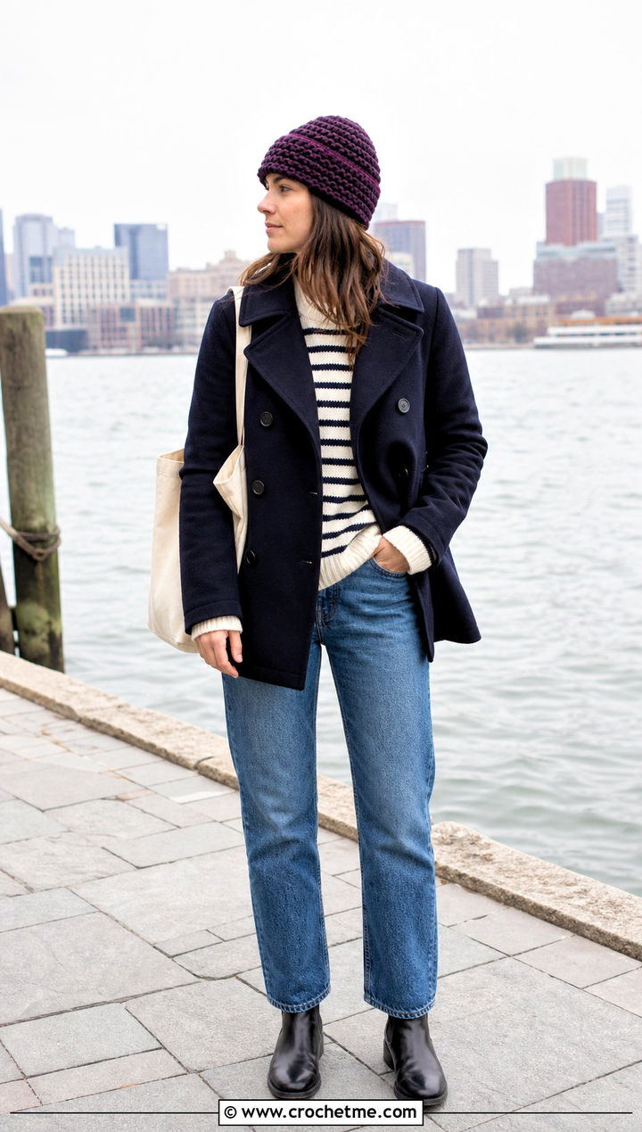 Fisherman Crocheted Beanie With Peacoat And Straight Leg Jeans - 35 crocheted beanie outfit ideas