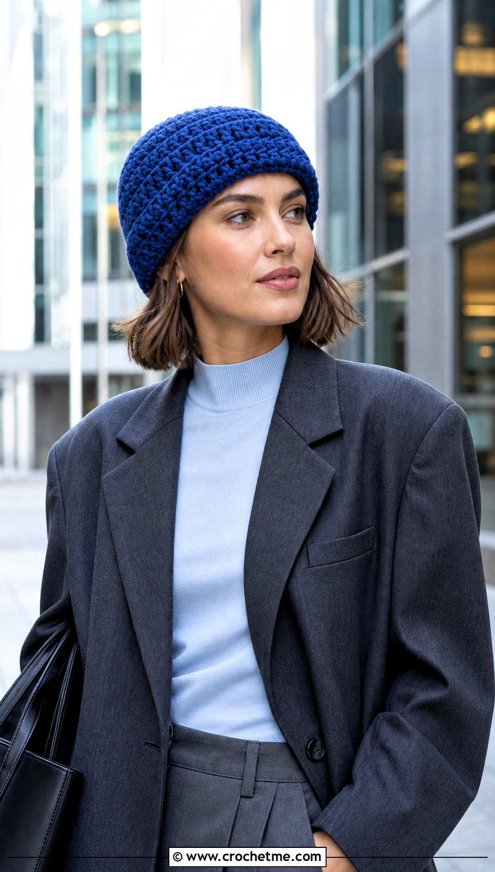 Fisherman Crossed Half Double Crochet Beanie With Blazer - 15 crossed half double crochet hat outfit ideas