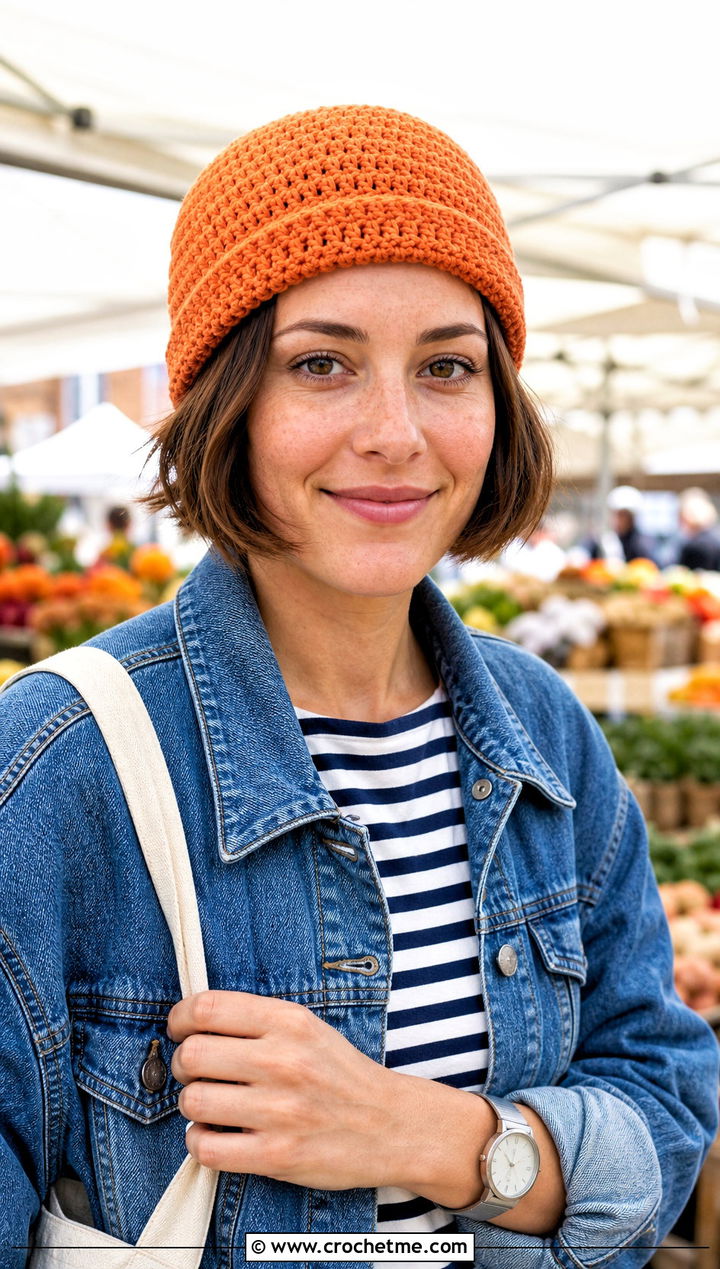 Fisherman Double Crochet Beanie With Denim Jacket - 30 double crochet hat outfit ideas