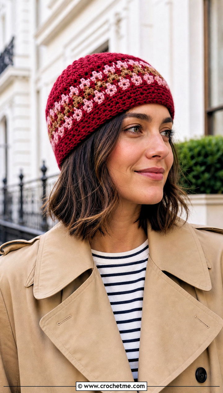 Fisherman Fair Isle Crochet Beanie With Trench Coat - 30 fair isle crochet hat outfit ideas