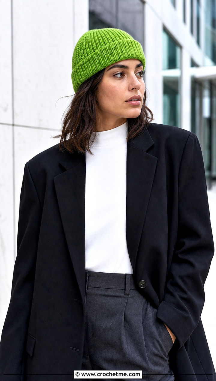 Fisherman Fit Crochet Rectangle Beanie With Blazer And Trousers - 25 Crochet Rectangle Beanie outfit ideas