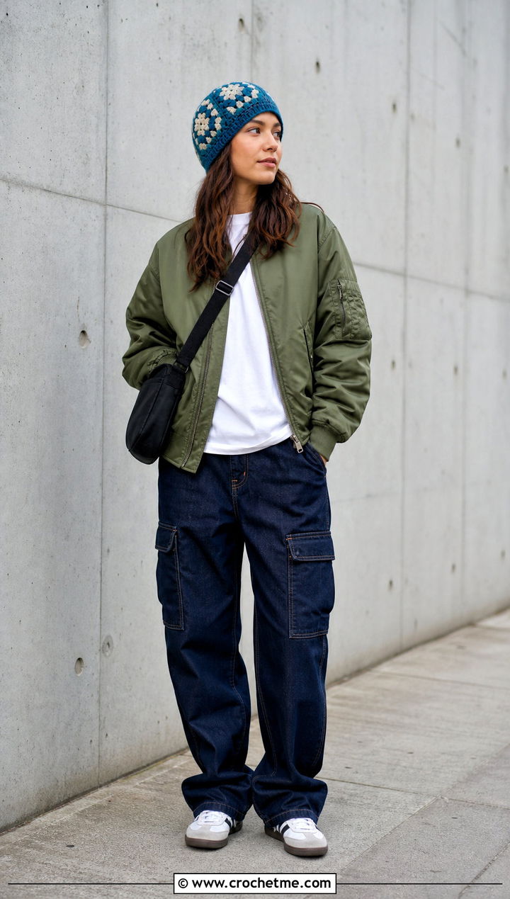 Fisherman Granny Square Beanie With Bomber Jacket And Cargo Jeans - 35 granny square hats outfit ideas