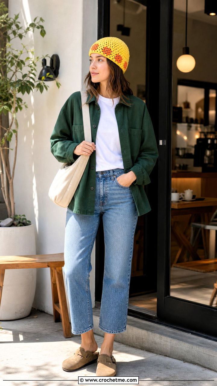 Fisherman Granny Square Beanie With Overshirt And Straight Jeans - 35 granny square hat outfit ideas