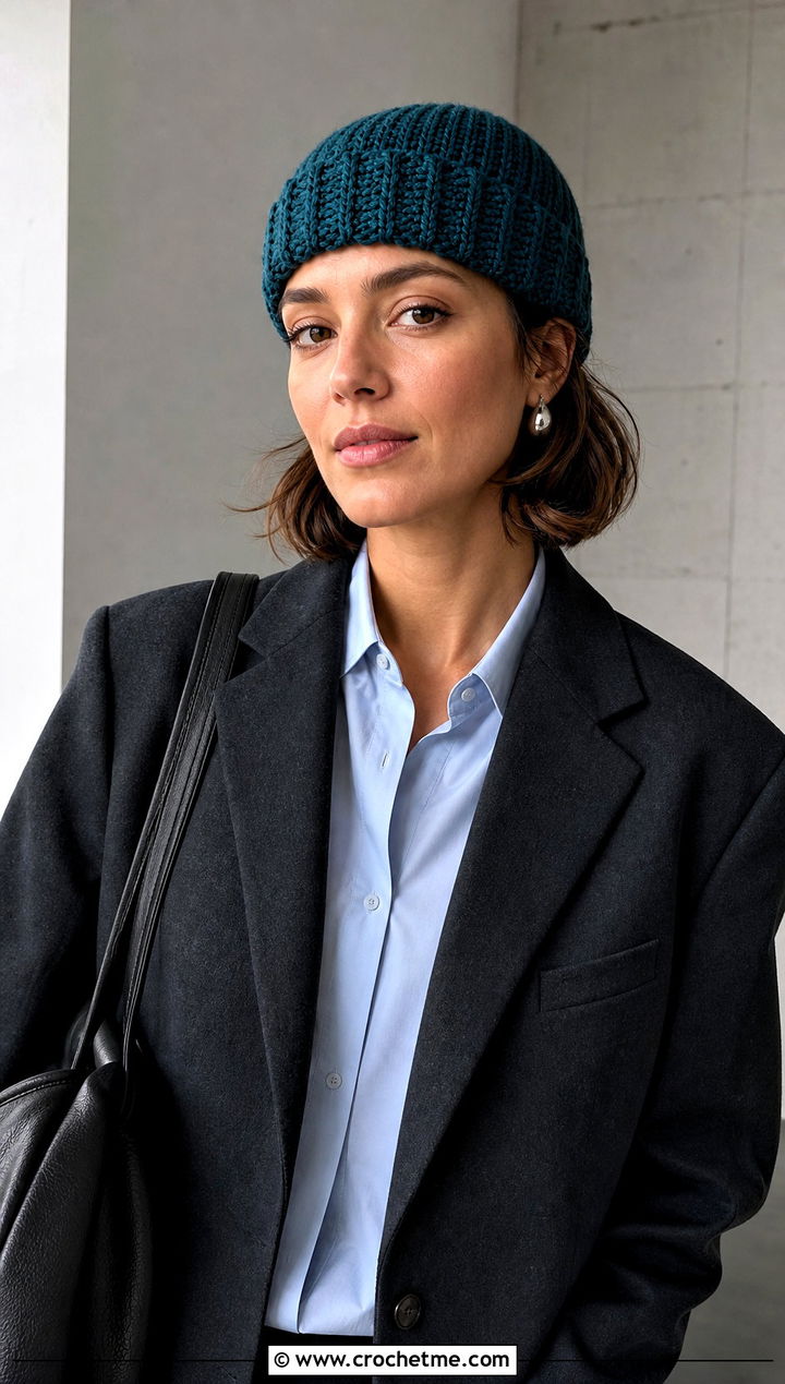Fisherman Knit Look Crochet Beanie With Blazer - 25 Knit Look Crochet Hat outfit ideas