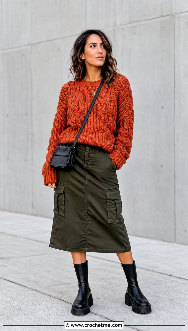 Fisherman Knit Sweater With Cargo Skirt - 30 Knit And Crochet Sweater outfit ideas