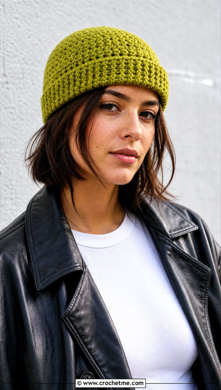 Fisherman Magic Circle Crochet Beanie With Leather Jacket - 25 Crochet Beanie Magic Circle outfit ideas