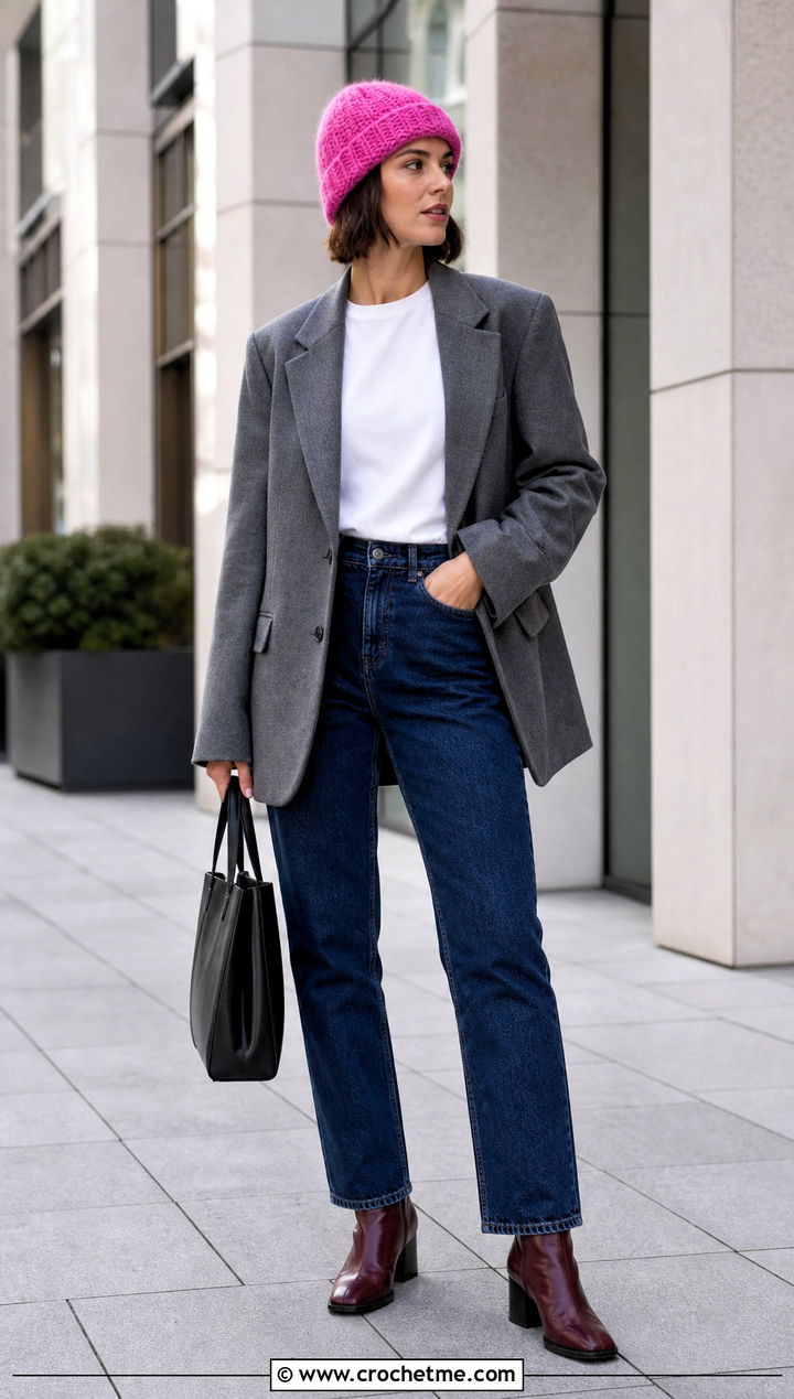 Fisherman Mohair Crochet Beanie With Blazer And Straight Jeans - 35 mohair crochet beanie outfit ideas