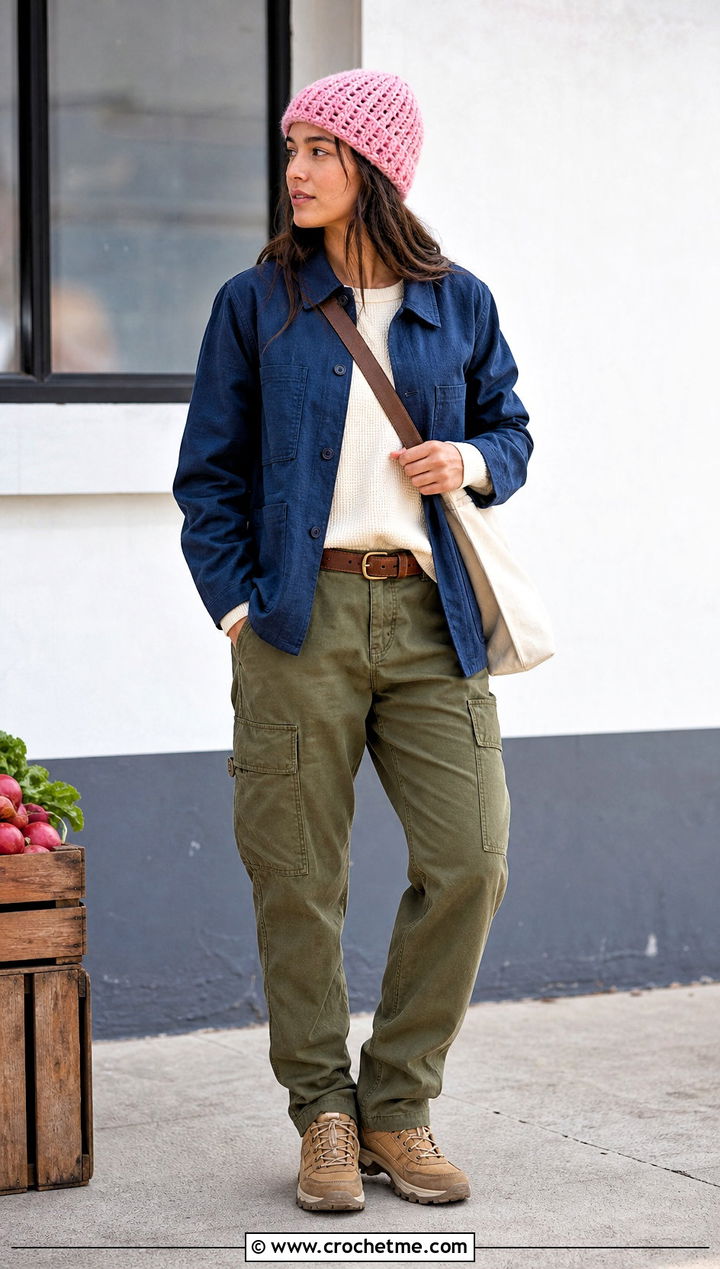 Fisherman Mohair Crochet Beanie With Chore Jacket And Cargo Pants - 35 Mohair Crochet Hat outfit ideas