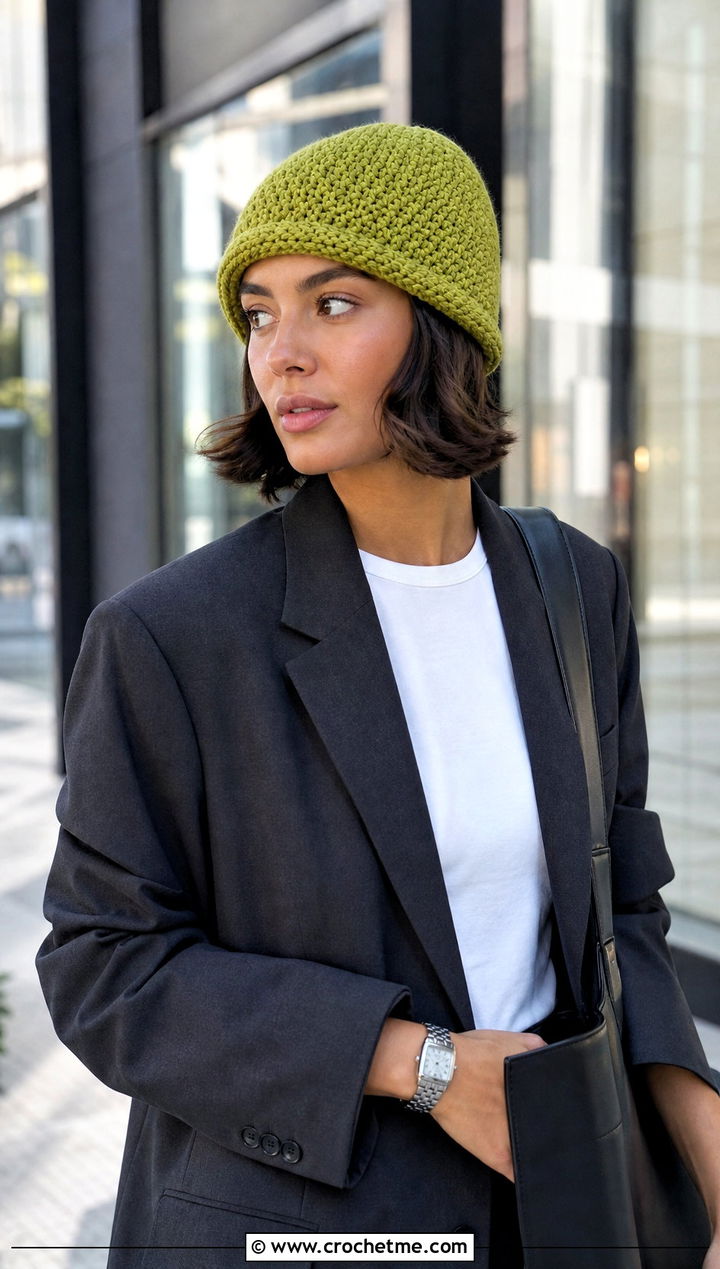 Fisherman Moss Stitch Beanie With Blazer - 20 Crochet Moss Stitch Beanie outfit ideas