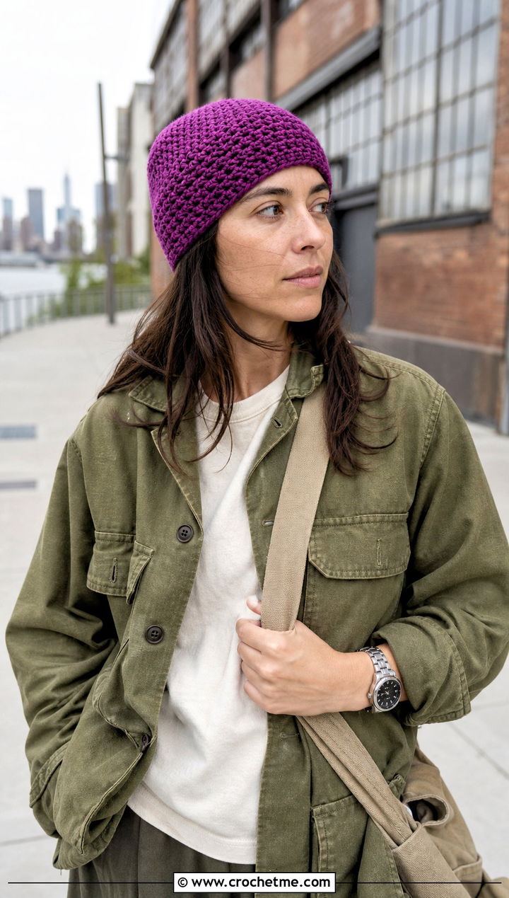 Fisherman Moss Stitch Beanie With Utility Jacket - 25 Crochet Moss Stitch Hat outfit ideas