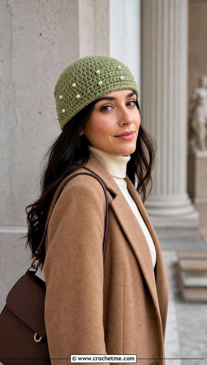 Fisherman Pearl Crochet Beanie With Wool Coat - 15 Pearl Crochet Beanie outfit ideas