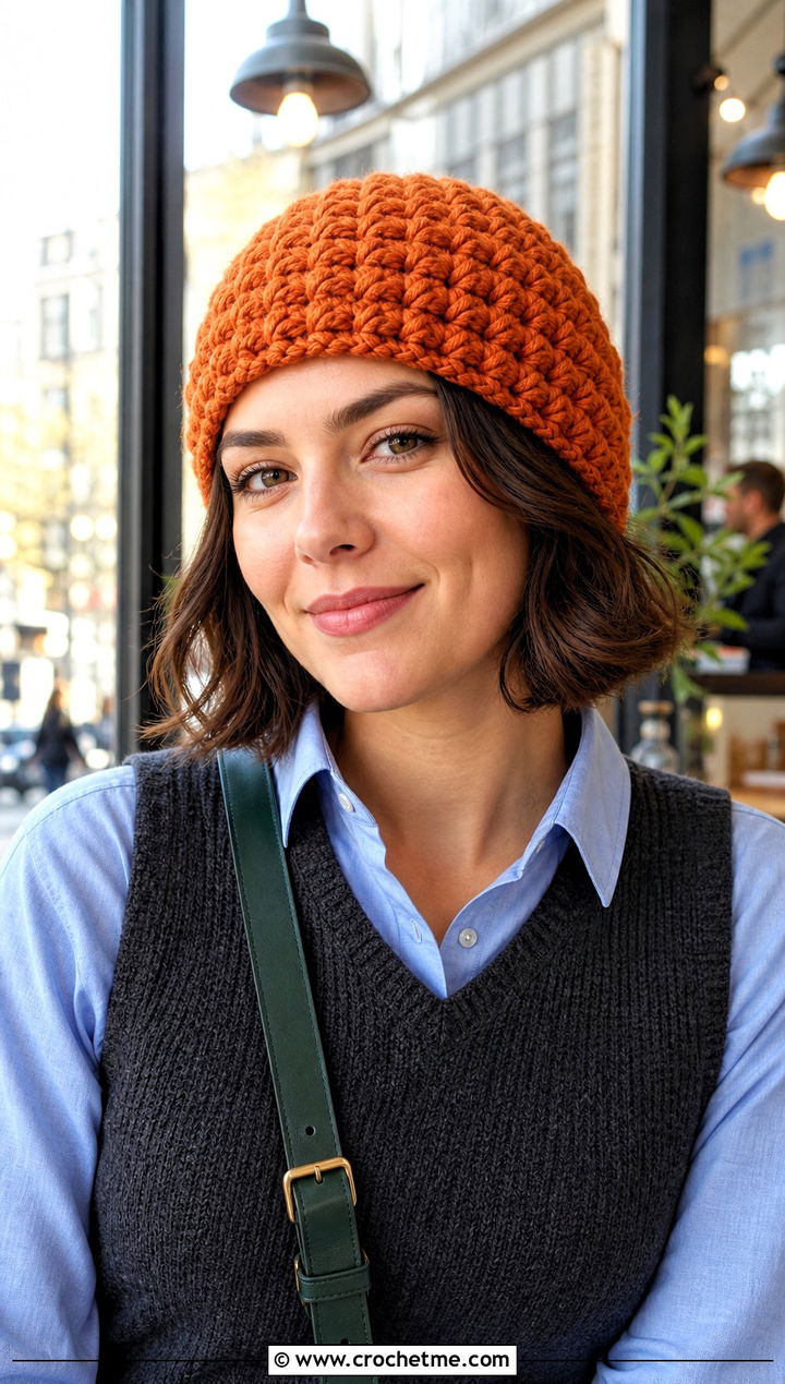 Fisherman Puff Stitch Beanie With Vest And Barrel Jeans - 25 crochet puff stitch beanie outfit ideas
