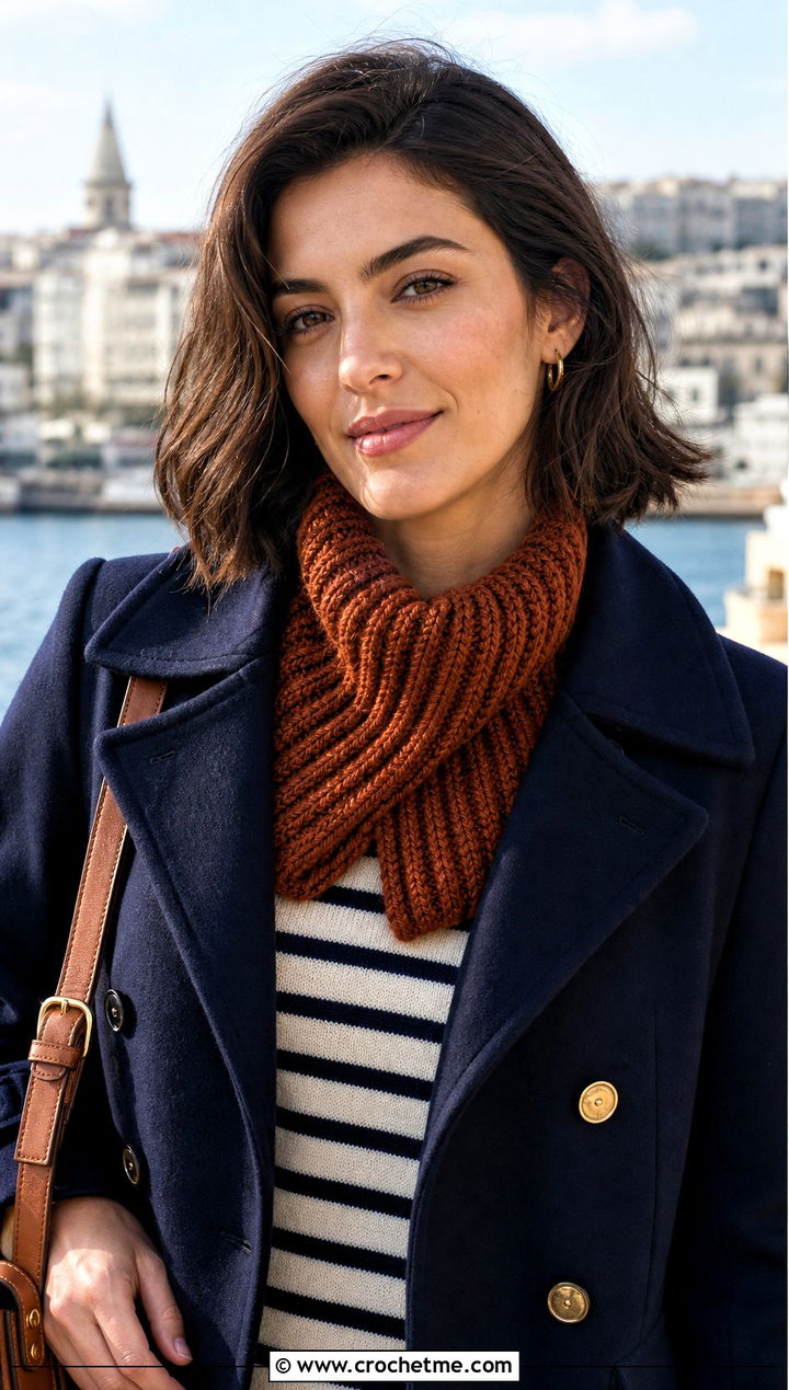 Fisherman Rib Brioche Crochet Scarf With Peacoat - 25 Brioche Crochet Scarf outfit ideas