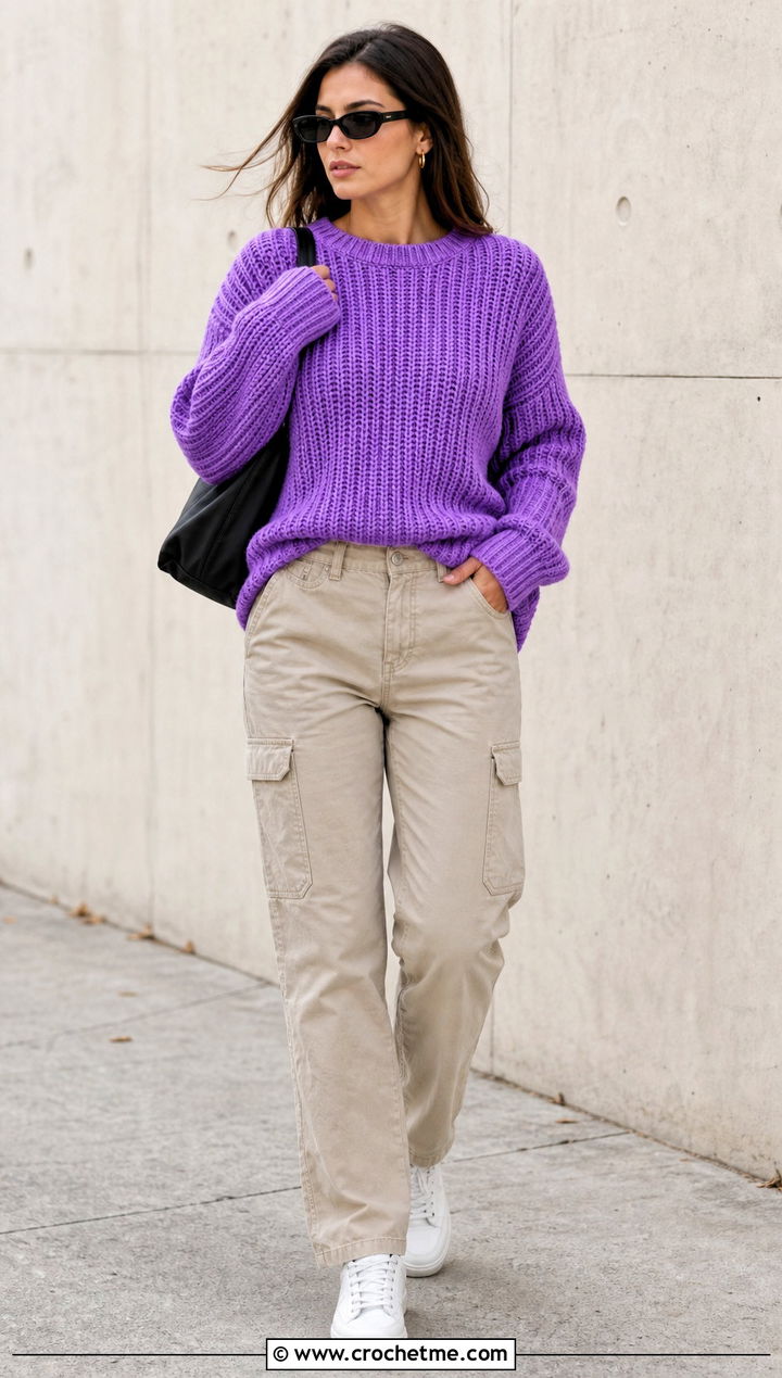 Fisherman Rib Crochet Sweater With Cargo Pants - 25 crochet fisherman sweater outfit ideas