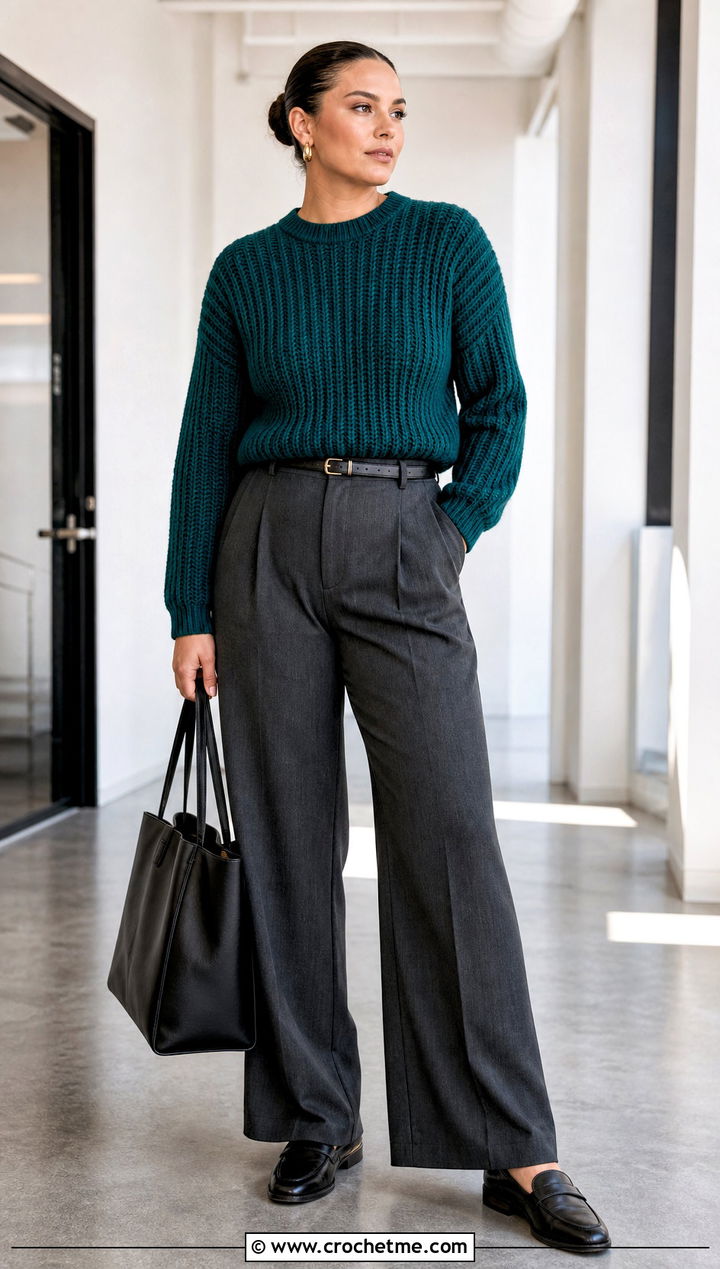 Fisherman Rib Crochet Sweater With Tailored Trousers - 30 knit look crochet sweater outfit ideas