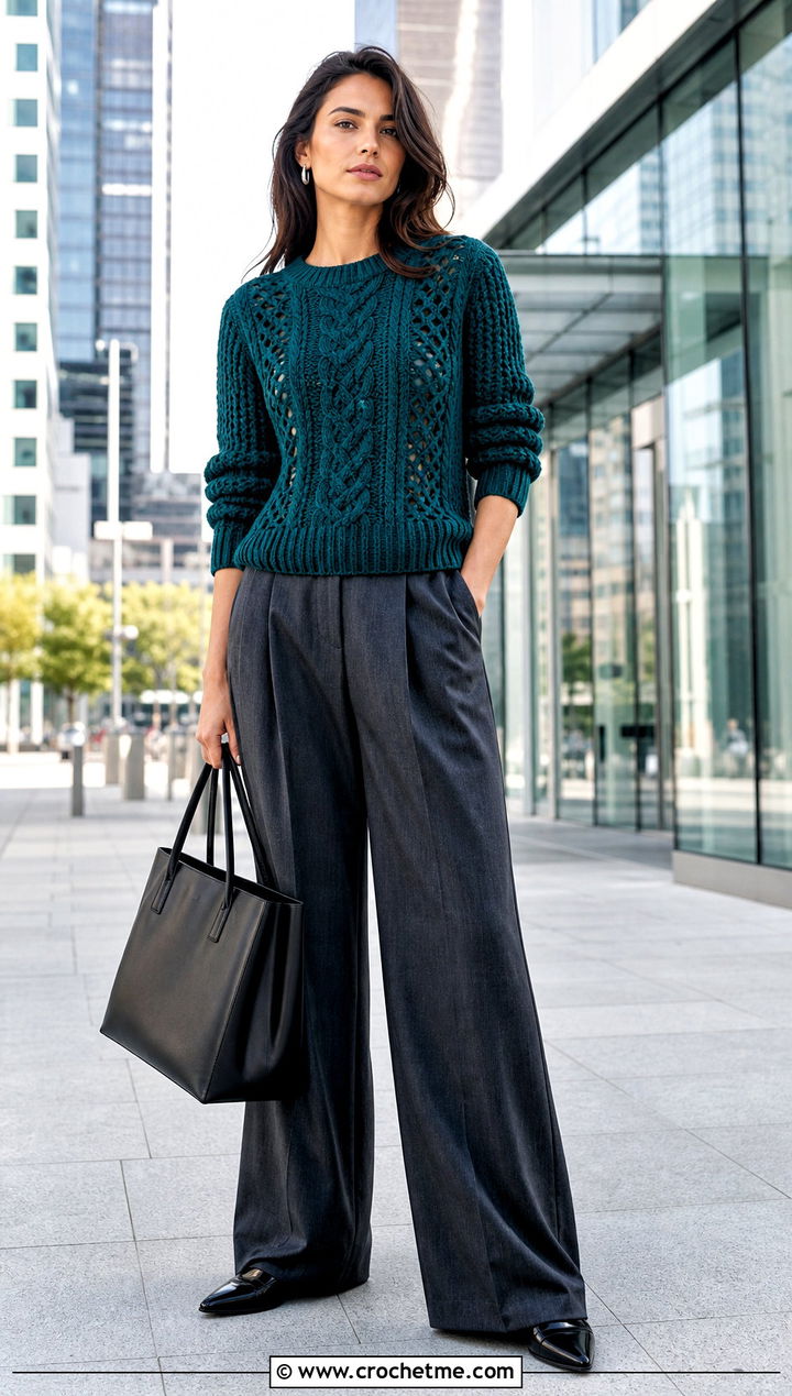 Fisherman Ribbed Irish Sweater With Tailored Trousers - 25 Crochet Irish Sweater outfit ideas