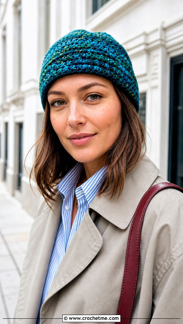 Fisherman Scrap Yarn Crochet Beanie With Trench Coat - 30 scrap yarn crochet beanie outfit ideas