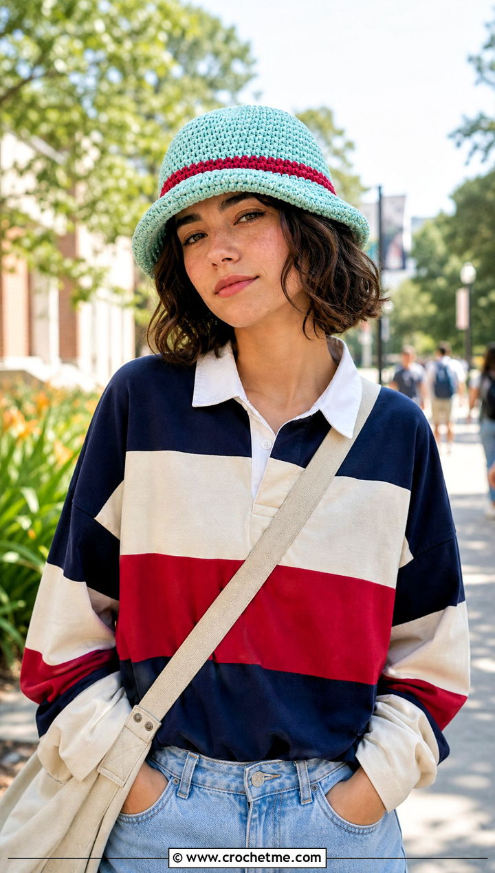 Fisherman Shape Luffy Crochet Straw Hat With Rugby Shirt And Jeans - 25 luffy crochet straw hat outfit ideas