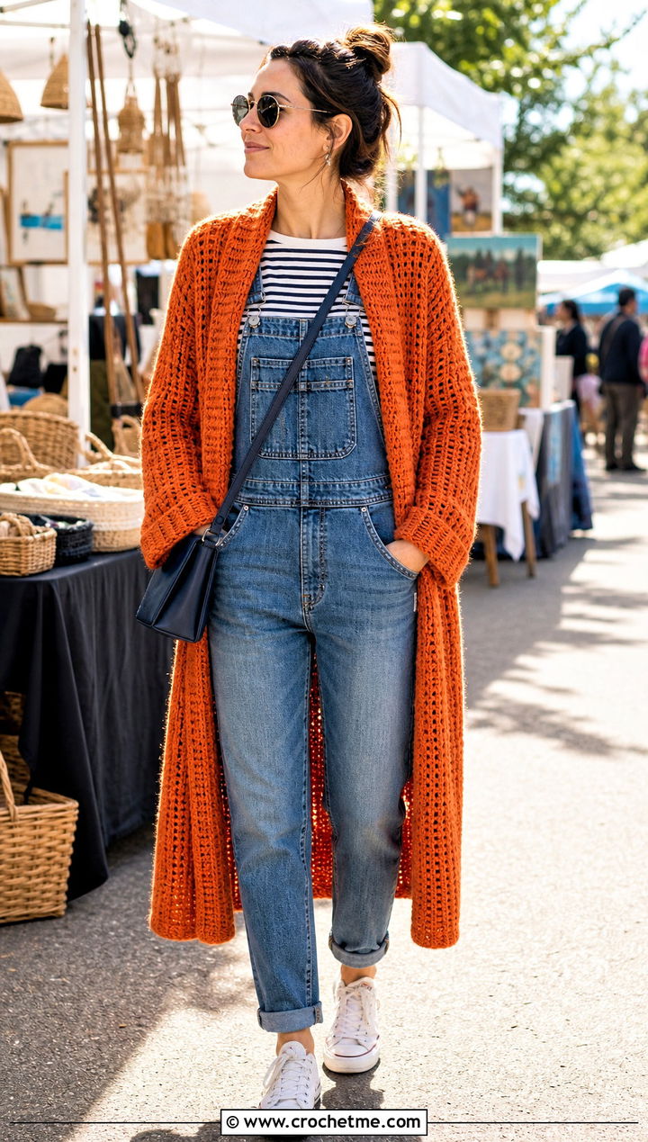 Fisherman Stitch Crochet Long Coat With Overalls - 35 crochet long coat outfit ideas